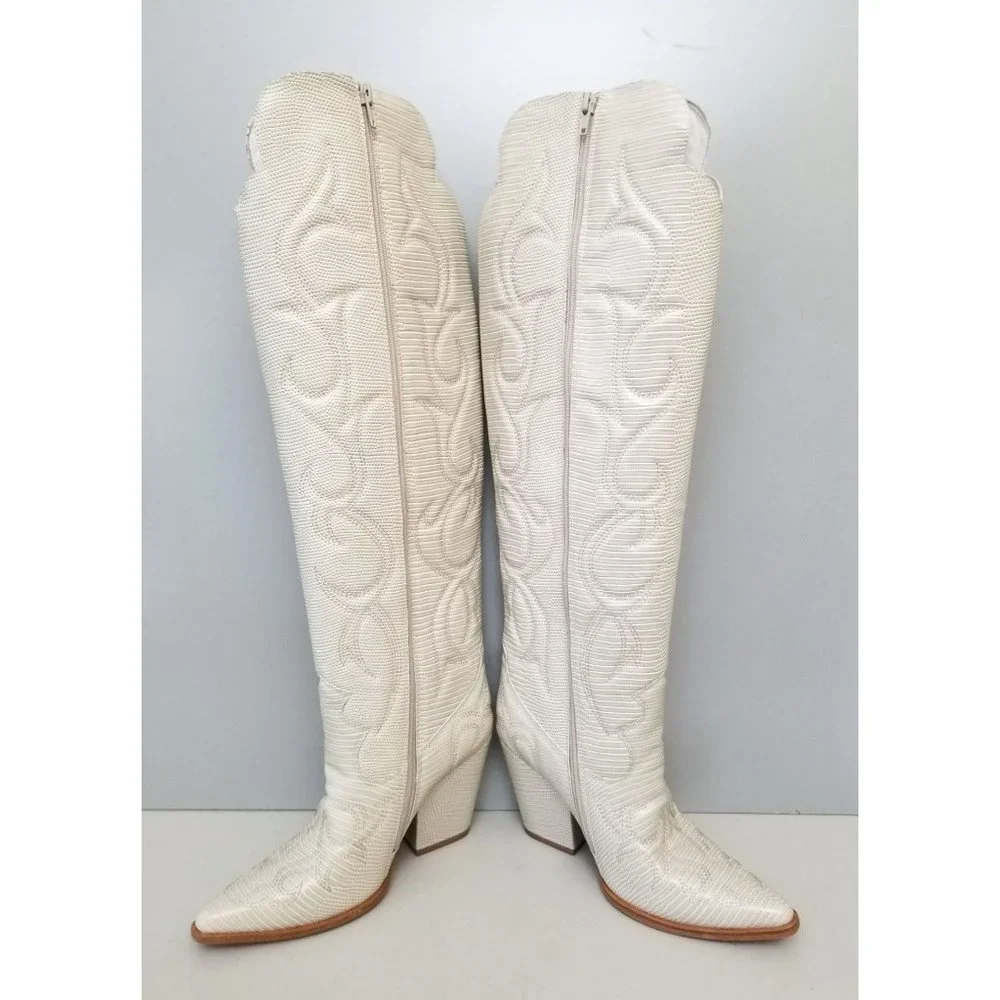 Free People Deja Over-the-Knee Boots Cream Faux Lizard Size 7 - Picture 4 of 5